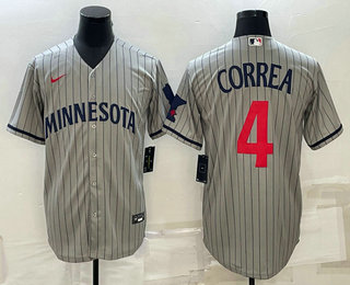 Mens Minnesota Twins #4 Carlos Correa 2023 Grey Home Team Cool Base Stitched Jersey->minnesota twins->MLB Jersey